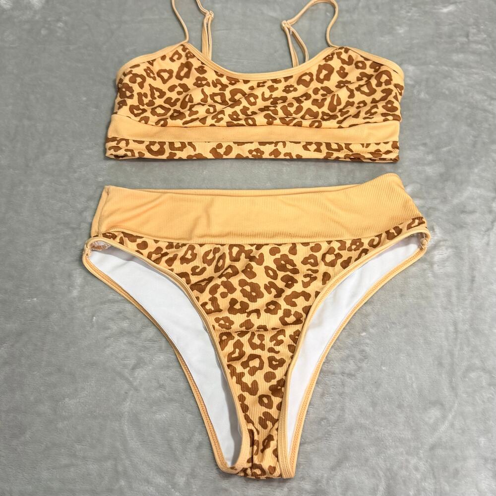 SHEIN Leopard Print Ribbed High Waisted Bikini Set Size Large - Picture 2 of 8